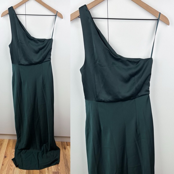 BHLDN Dylan One Shoulder Satin Side Slit Gown Dress Dark Emerald Green NEW 10 - Picture 8 of 9